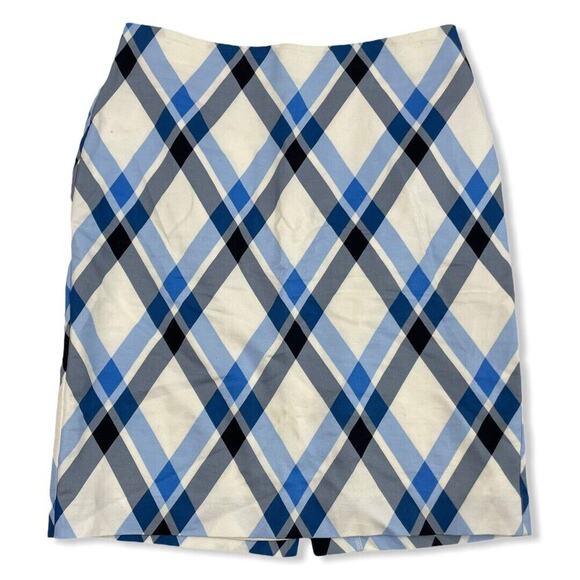 Ann Taylor Blue White Plaid Linen Blend Pencil Straight Skirt Size 10P 10 Petite - Picture 1 of 7